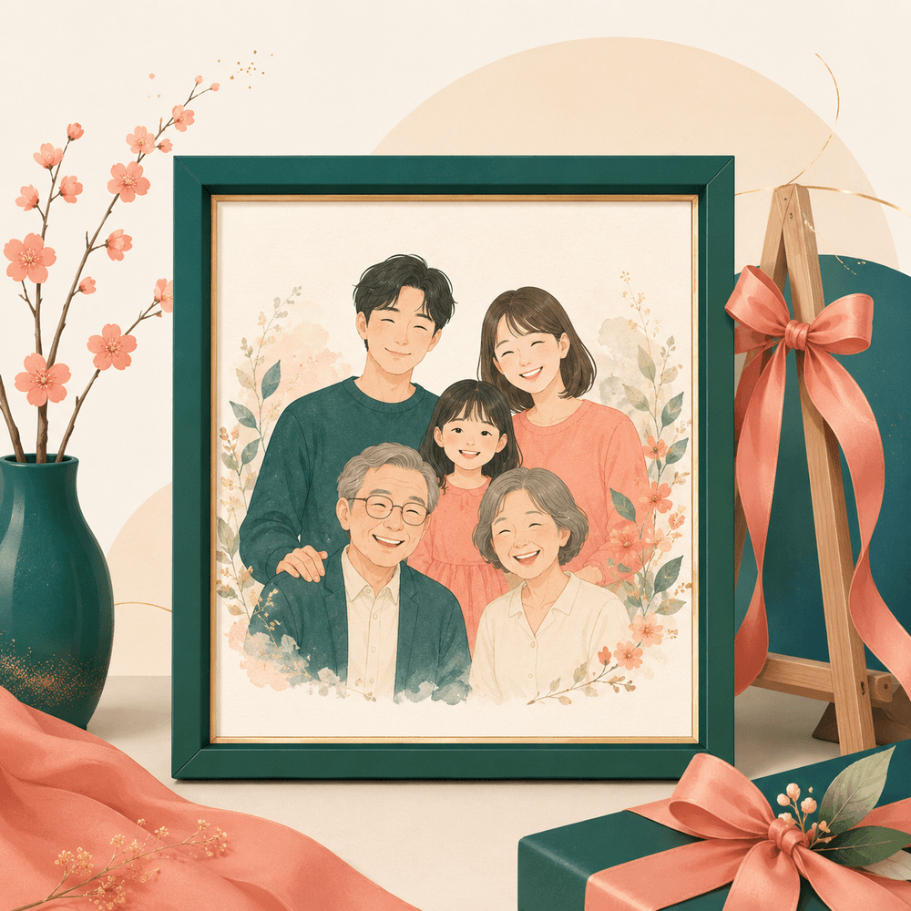 記念日やメッセージを添えて飾れる名入れ似顔絵のイメージ